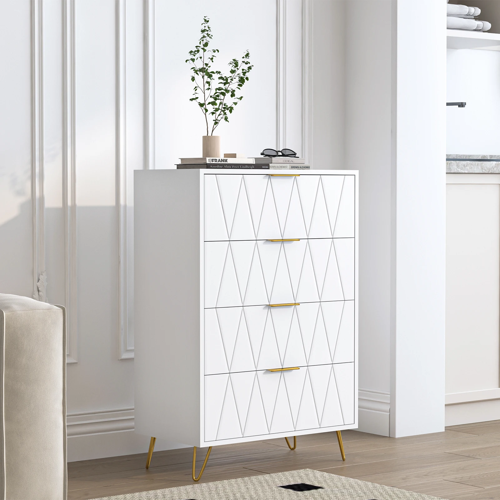 Chest of drawers with 4 drawers, sideboard highboard for bedrooms and all living rooms, white-H90/W60/D34 cm