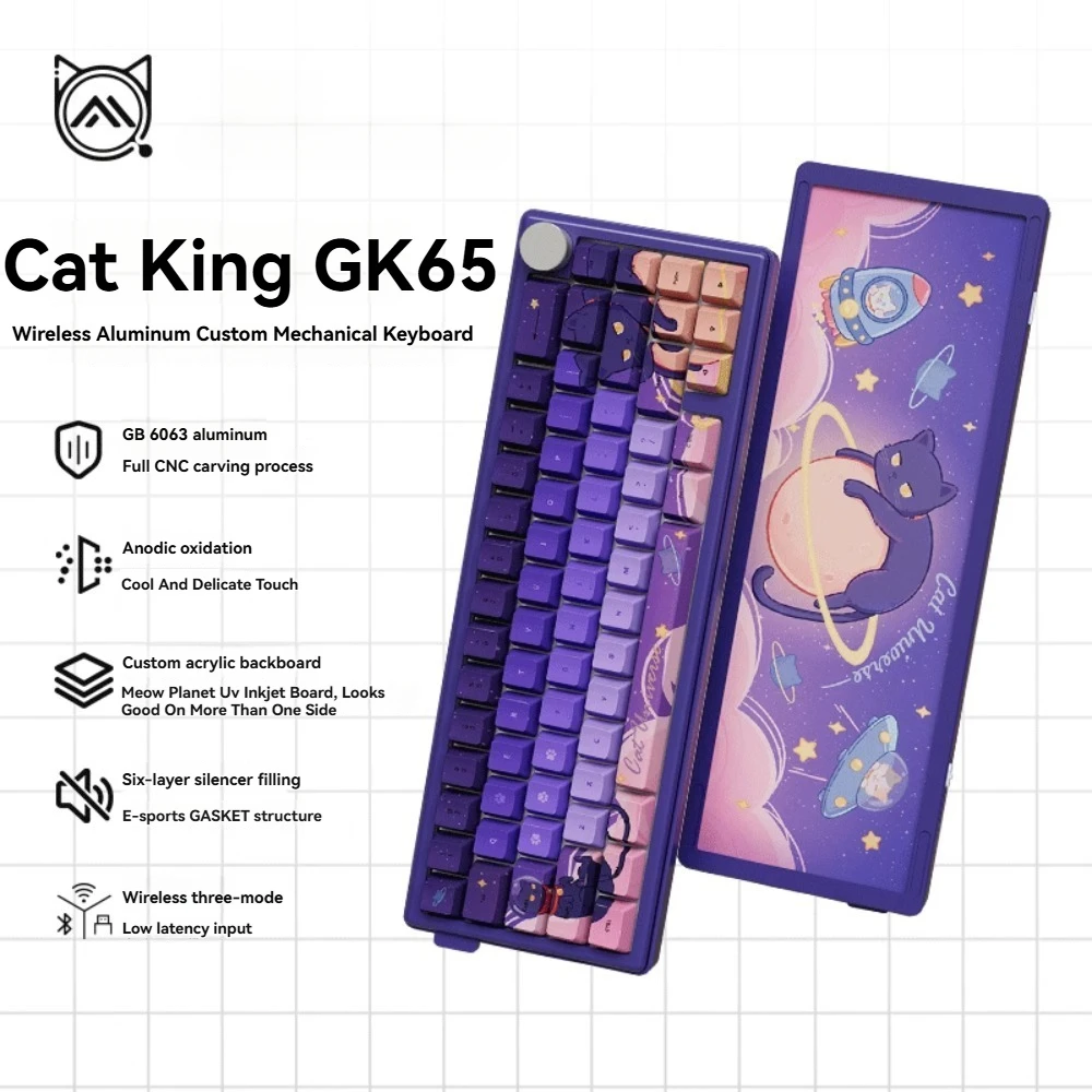 Cat King GK65 Mechanical Keyboard Wireless Tri-mode GASKET Hot-Swap RGB Custom Cute Girl Purple Aluminum Office Gaming Keyboard