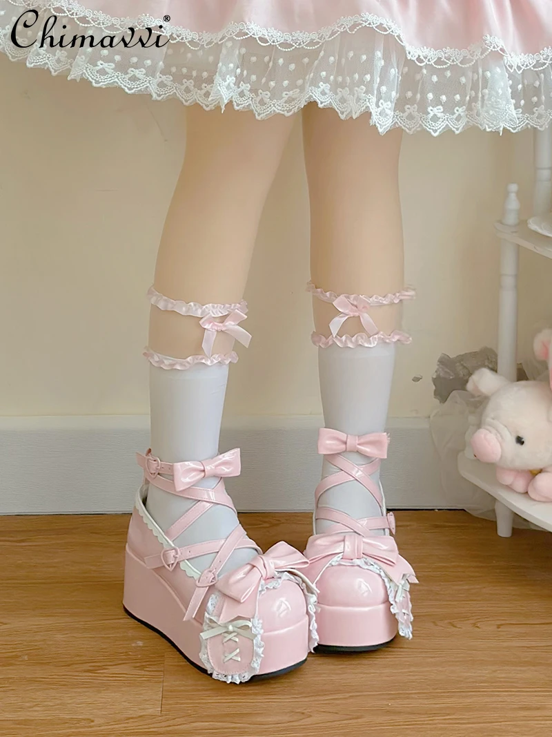 Original Sweet Bowknot Women\'s Cute Round Toe Lolita Platform Shoes Doll Japanese Style Girl Versatile Ladies Leather Shoes
