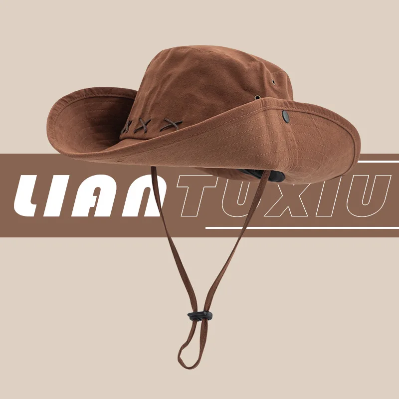 

New American retro western cowboy hat summer outdoor mountaineering large brim sun hat sun protection fisherman hat