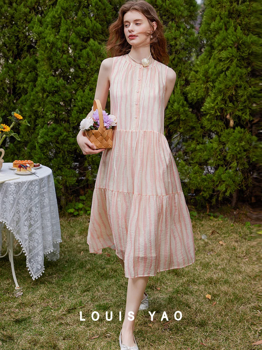 

LOUIS YAO 2025 Summer Lightweight and Flowing Striped New Non Elastic Printed Round Neck Sleeveless Long Women's Dress
