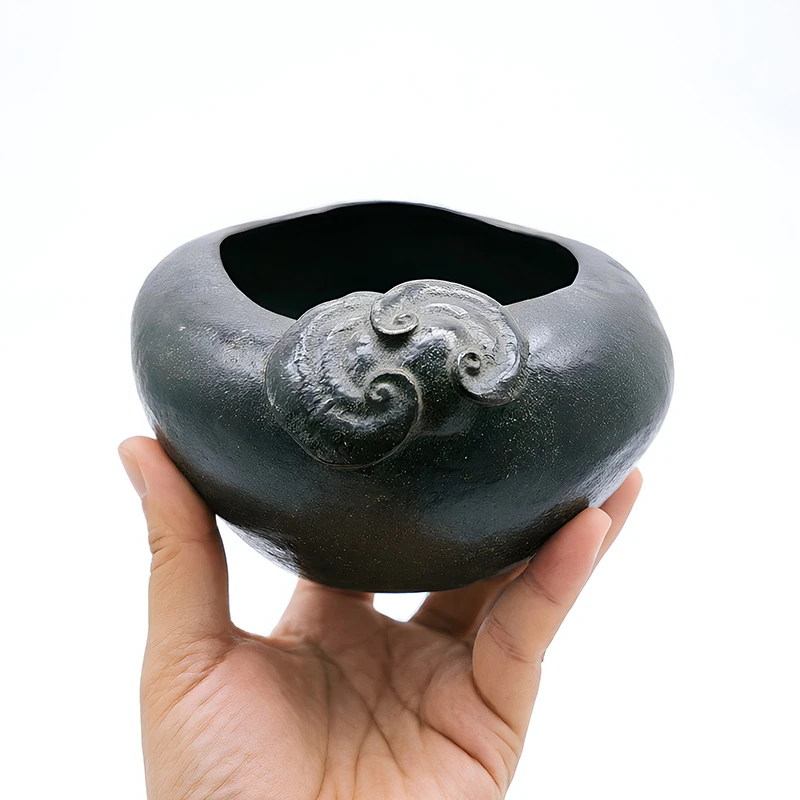 Schwarzer Goldener Steintopf Handgefertigtes Natürliches Basalt-Steinbecken Zen Heim-Garten-Dekor Geschenk für Teeliebhaber Teeraum Tee-Waschbecken 600ml – Detail 9
