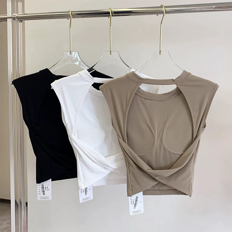 Sexy rückenfreie Yoga-Fitnessweste für Damen, kurzärmelig, festes Brustpolster, Sport-T-Shirt, kurzer Stil für Fitness und Yoga – Detail 17