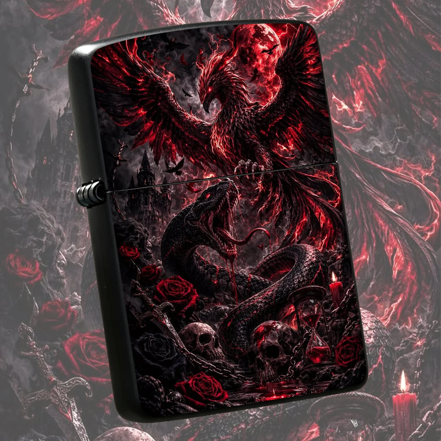 Vintage Dark Fantasy with Bloody Moon Phoenix Serpent Pattern, Windproof PORTABLE for Outdoor Daily Use, Exquisite Art Collectible Gift for Gothic Aesthetic Lovers, Unique Decorative Accessory for Home Bar A fun and humorous lighter