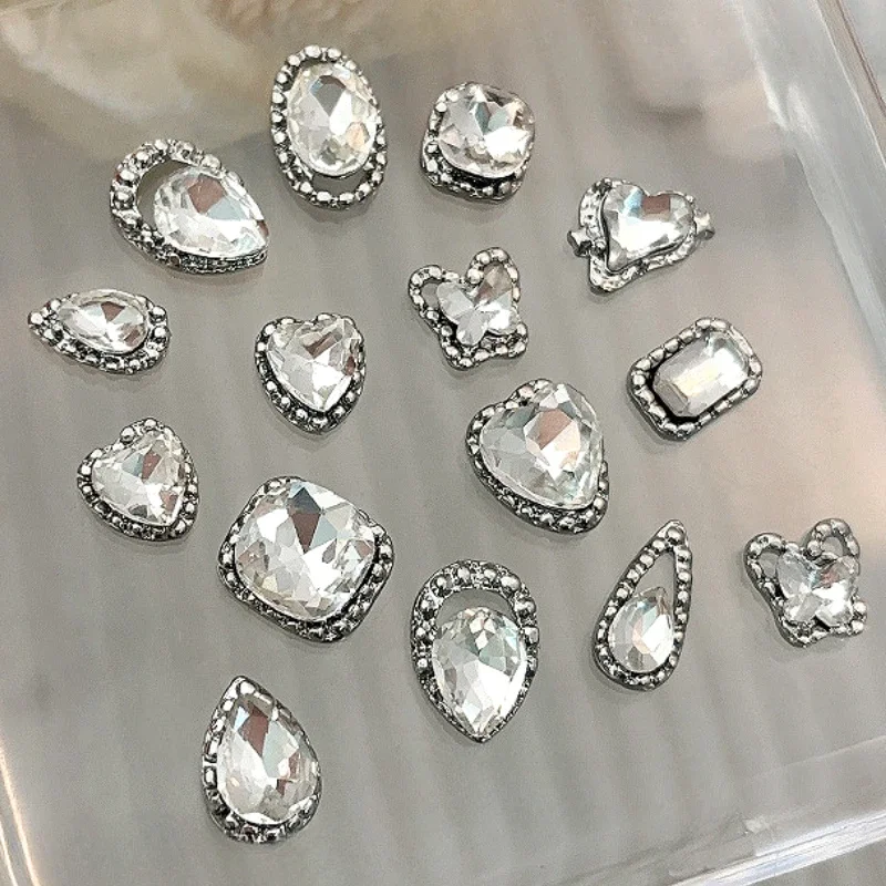 Silver White Flash Rhinestone Butterfly Fat Square Heart Water Drop Crystal Alloy Nail Art Decoration Manicure Accessory Jewelry