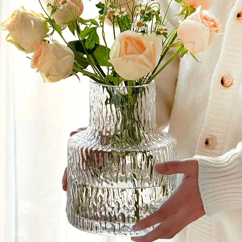

Handcrafted Vintage Glacier Glass Vase – Rustic Textured Design for Fresh Bouquets & Hydroponic Plants, Perfect for Living Room