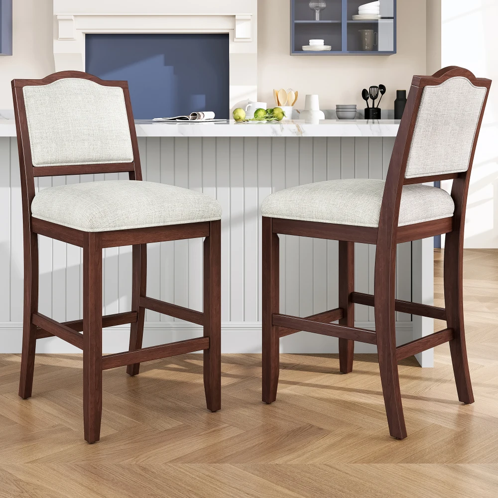 

2-Pack Counter Height Bar Stools - Rubber Wood, Ergonomic Backrest, Kitchen/Dining, Cherry
