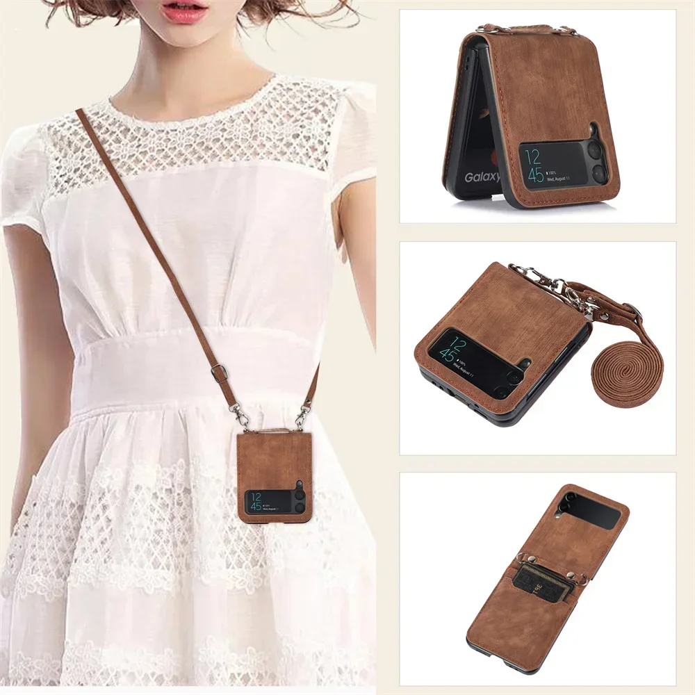 

Для Samsung Galaxy Z Flip 4 3 5G простой чехол через плечо для телефона с слотом для кредитных карт противоударная кожаная задняя крышка со шнурком