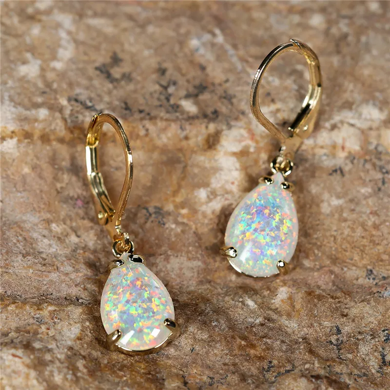 Female White Fire Opal Stone Classic Gold Color Water Drop Earrings Cute Dangle Boho Jewelry For Women