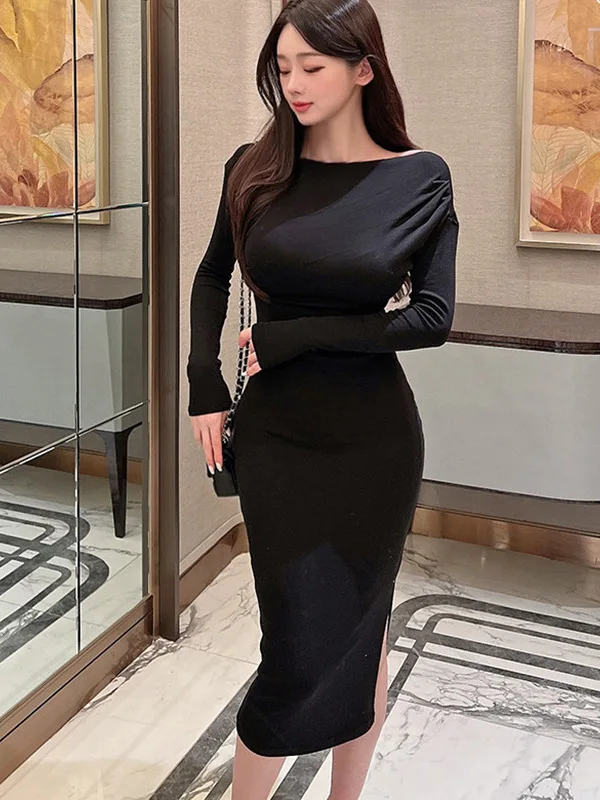 Autumn Korean Version New Slash Neck Long Sleeve Dress Women Cinching Waist Solid Slim Wrap Hip Casual Long Dress D629