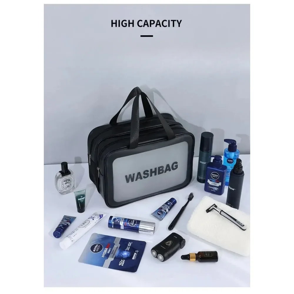 Trocken-Nass-Trennungstasche, doppelt transparent, PU-Make-up-Tasche, tragbare Waschtasche, Kosmetik-Aufbewahrungstasche, Reise-, Fitness- und Schwimm-Essentials – Detail 7