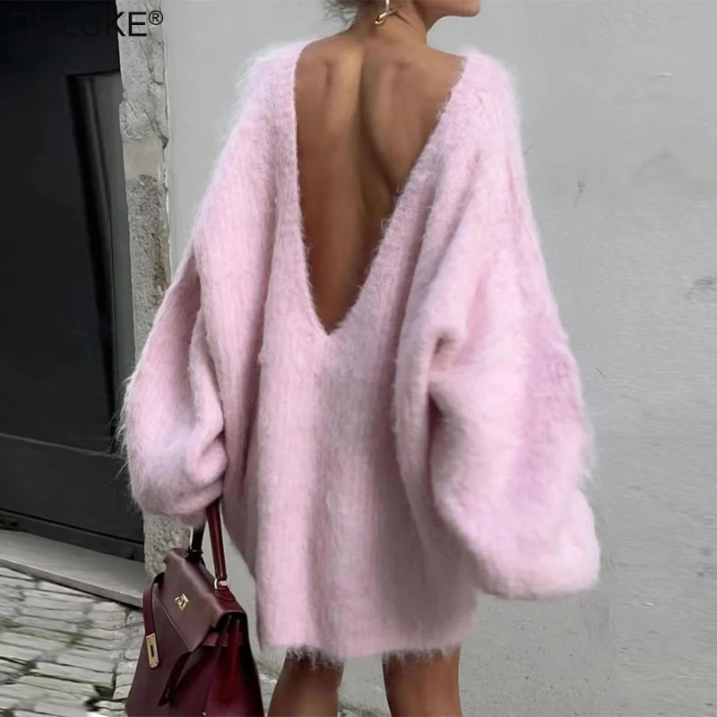 DGLUKE Pink Mohair Oversized Sweater For Women Backless Long Sleeve Fluffy Cozy Sweaters Pullover Autumn Winter Party Knitwear