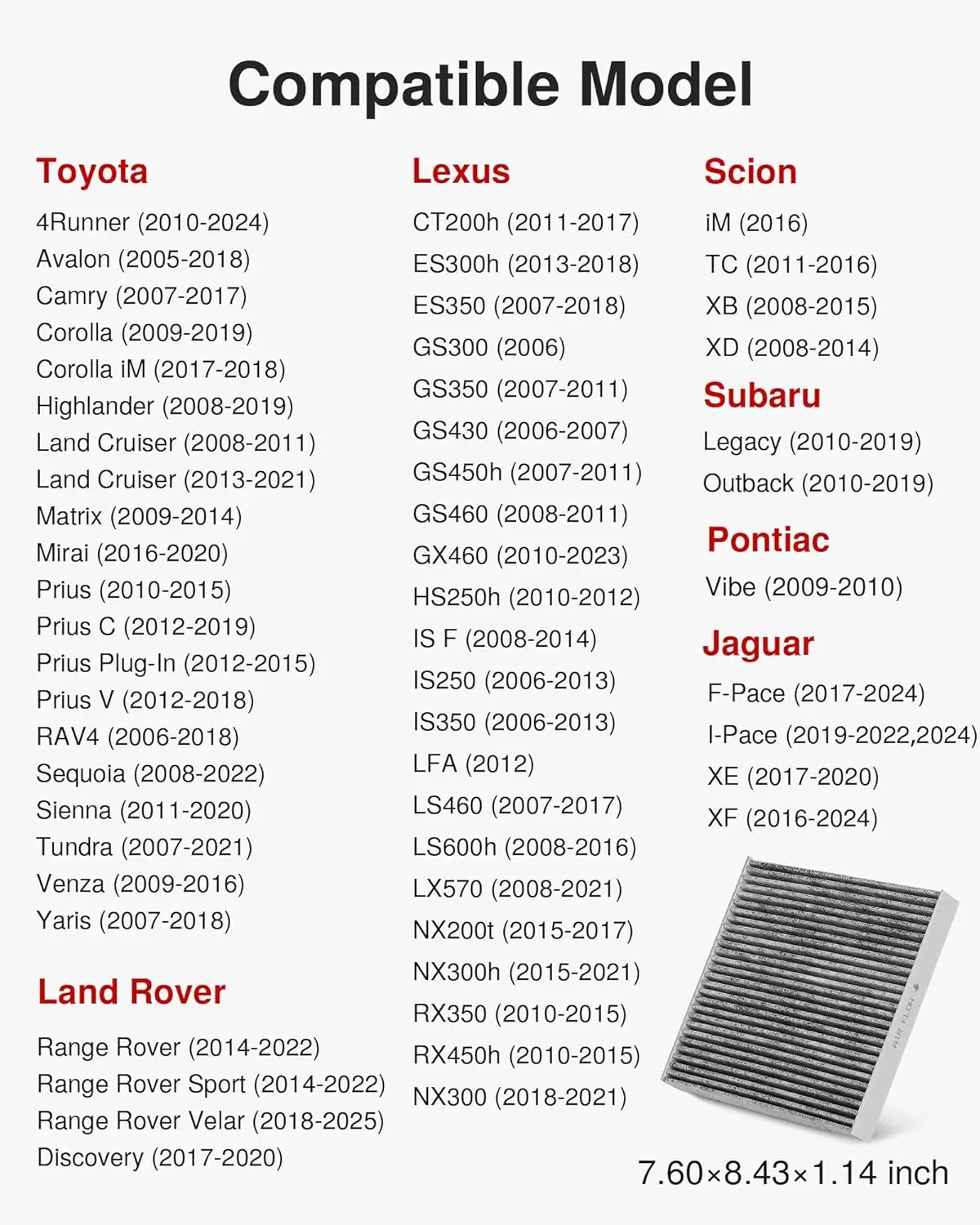 Filtr kabinowy z węglem aktywnym, kompatybilny z CP285, CF10285, Toyota Camry, RAV4, Highlander, Corolla, Sienna, Tundra,