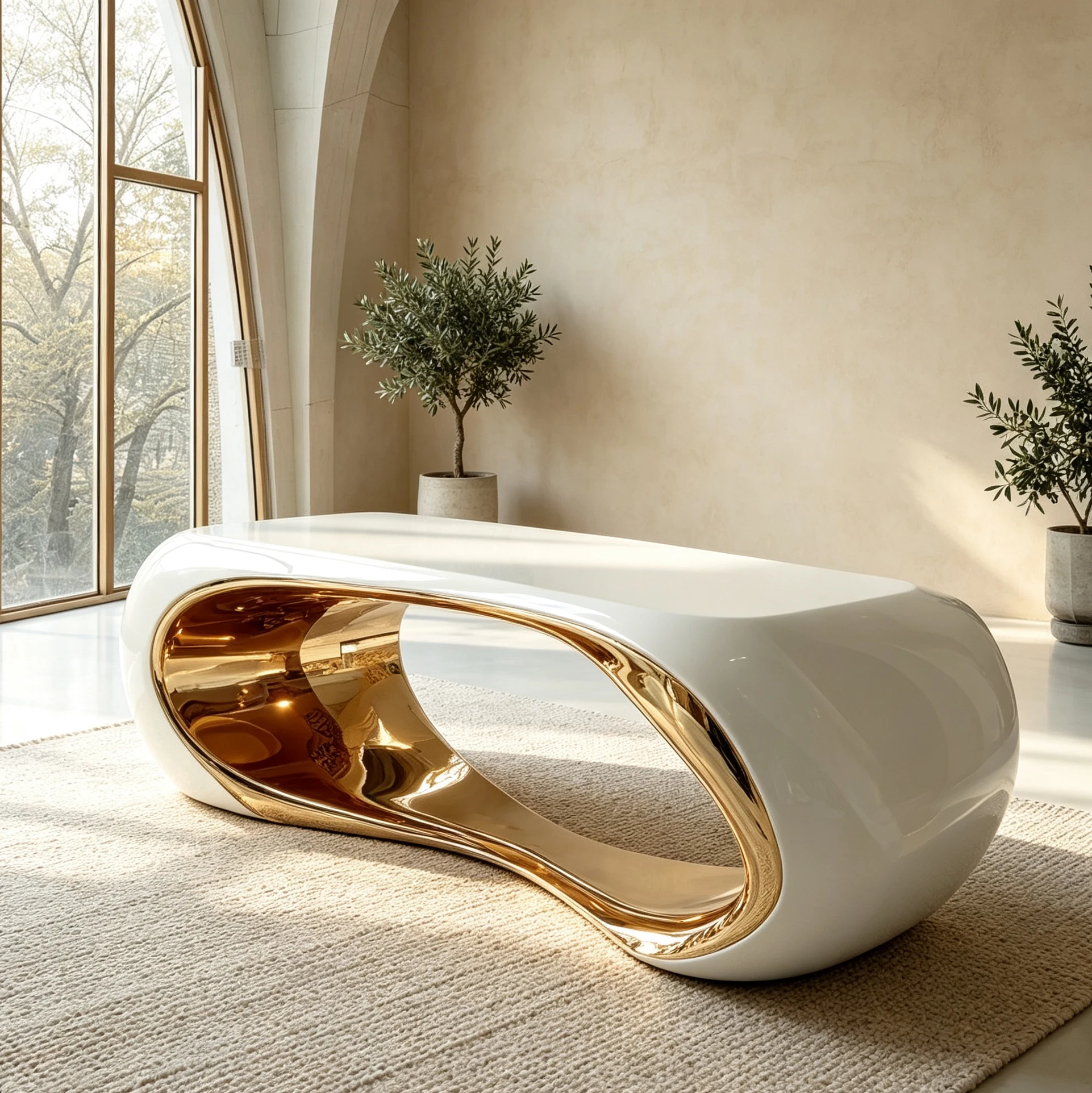 G*-Hollow Oval Curved Coffee Table Fiberglass Frame White Gold Glossy Finish for Modern