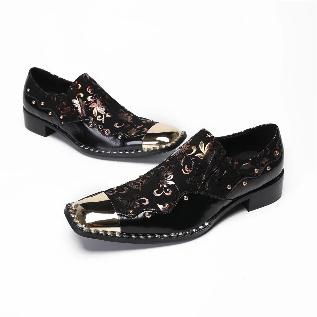 

Brand New Men Metal Square Toe Oxford Shoes Gold Prints Black Leather Flats Loafers Elegant Party Dress Shoes