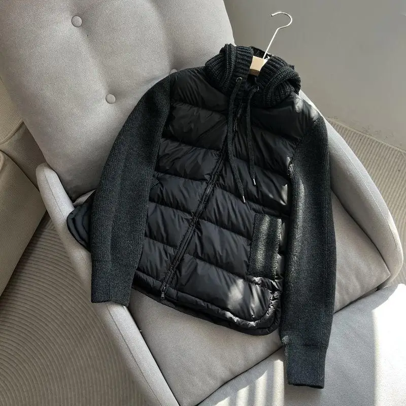 

Белая вязаная короткая куртка-пуховик для женщин: легкое модное зимнее пальто в корейском стиле, прямой крой, длинный рукав