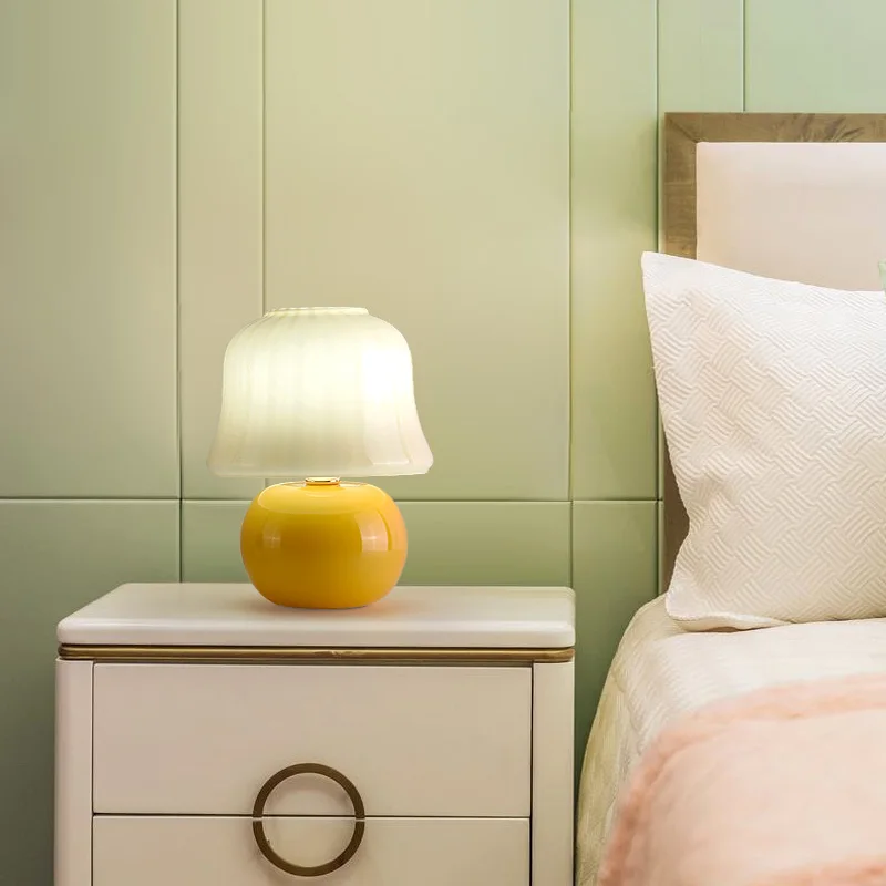 French Glass Cream Mushroom Table Lamp Warm Bedroom Simple Handmade Medieval Bedside Lights Deco Maison Abajur De Cabeceira New