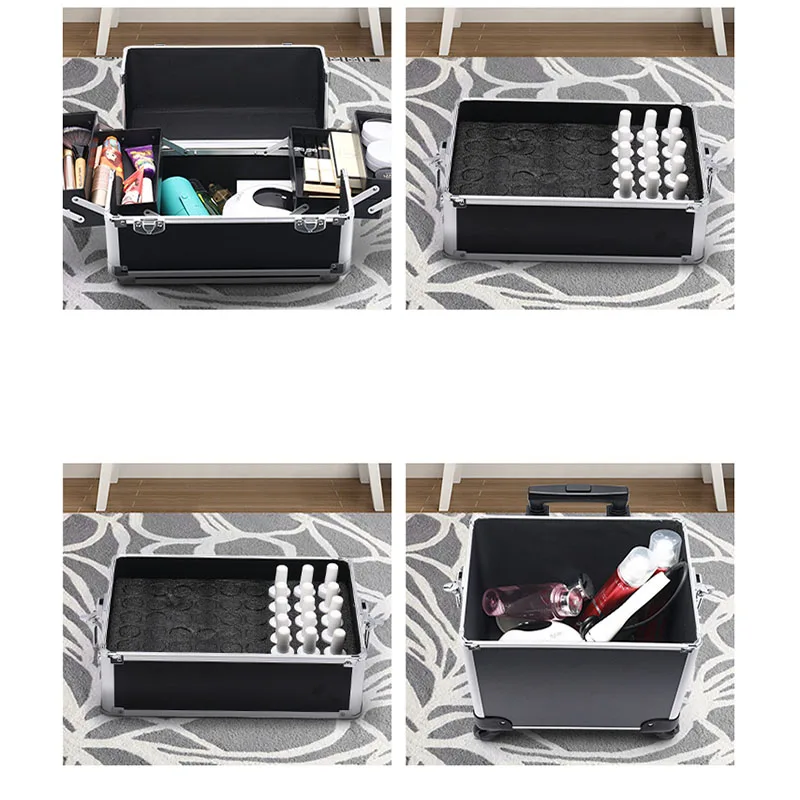 Professional Makeup Suitcase Wheels Large Capacity Cosmetology Manicure Cosmetic Box Folding Rolling Storage Rotating Organizer