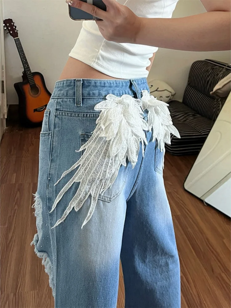 

American Retro Heavy Industry Wings Embroidered Jeans Y2k Harajuku Women's New 2026 Hot Girl Fashion Hot Diamond Wide Leg Jeans