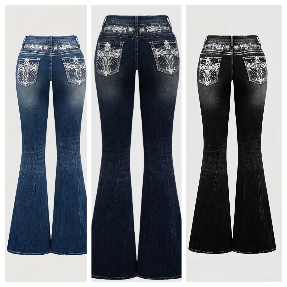 American Retro Hip Micro Flared Jeans Womens Embroidery Rhinestones Pattern Gothic Hip Hop Sexy High Waist Blue Jeans for Women
