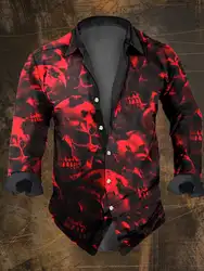 Halloween Men's Vintage Dark Skull Prints Black casual Long Sleeve Shirt-Skull Print,Regular Fit,, Lapel Collar, Polyester Blend