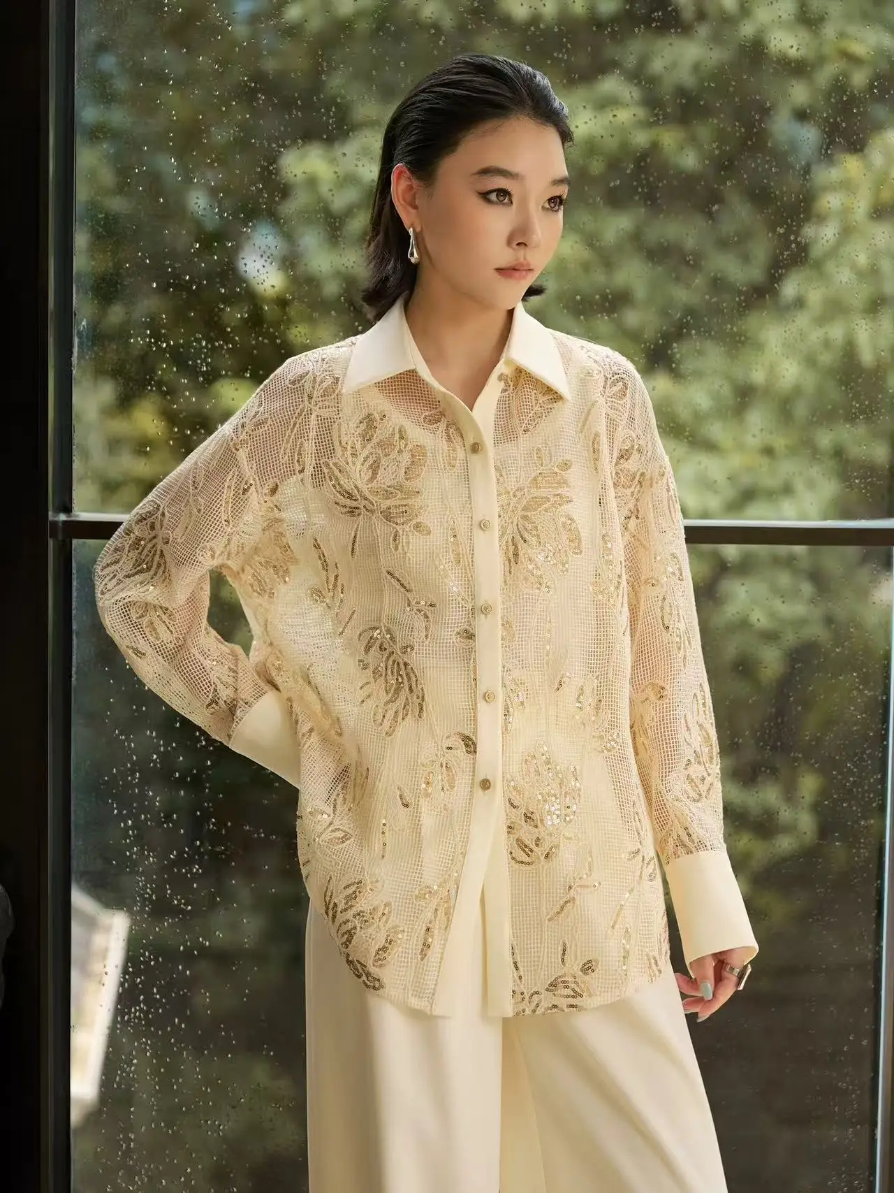 新作 スパンコール刺繍シャツ ブラウス レディース 長袖 ルーズ カジュアル トップス 女性服