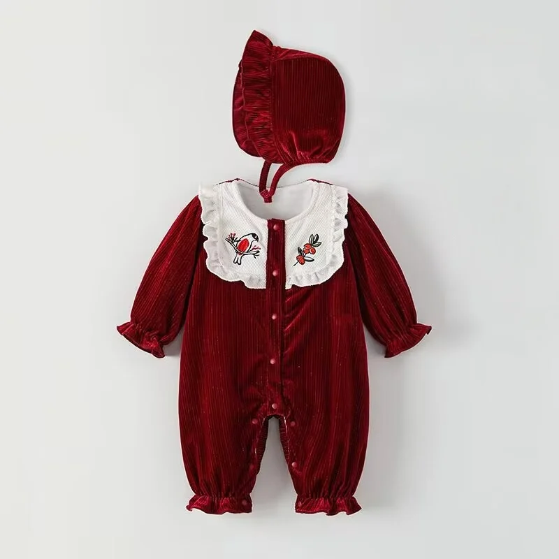 Newborn Baby Girl Cotton Red Fleece Inside Corduroy Romper Infant Ruffle Embroidery Warm Jumpsuit Winter Festival Clothes 0-2Y