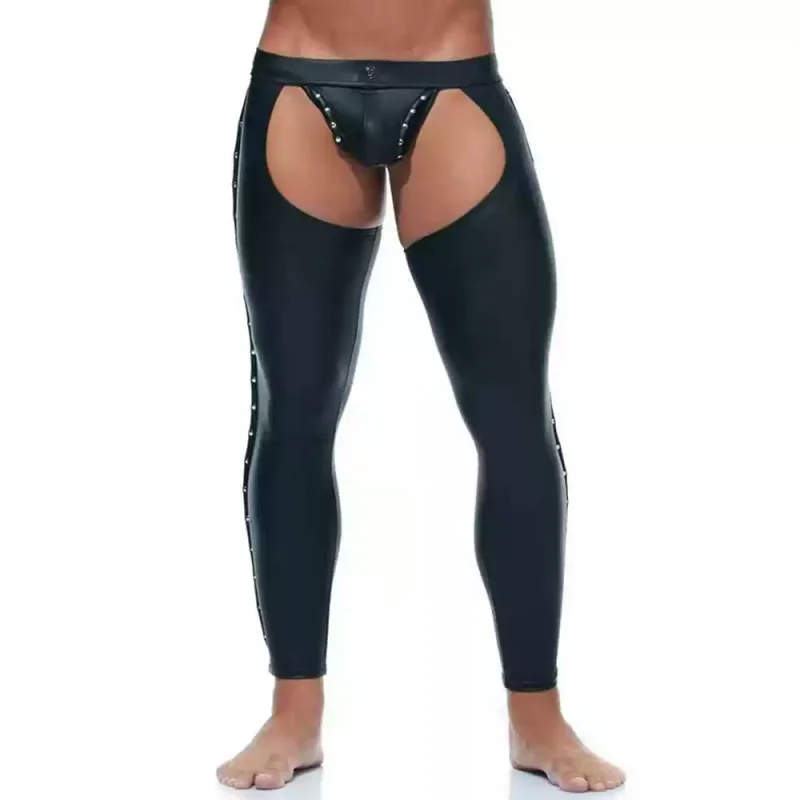 Faux Latex Elastic PU Leather Mens Convex Pouch Trousers Hollow Out Rivets Punk Pantalon Nightclub Party Sexy Leggings Pants
