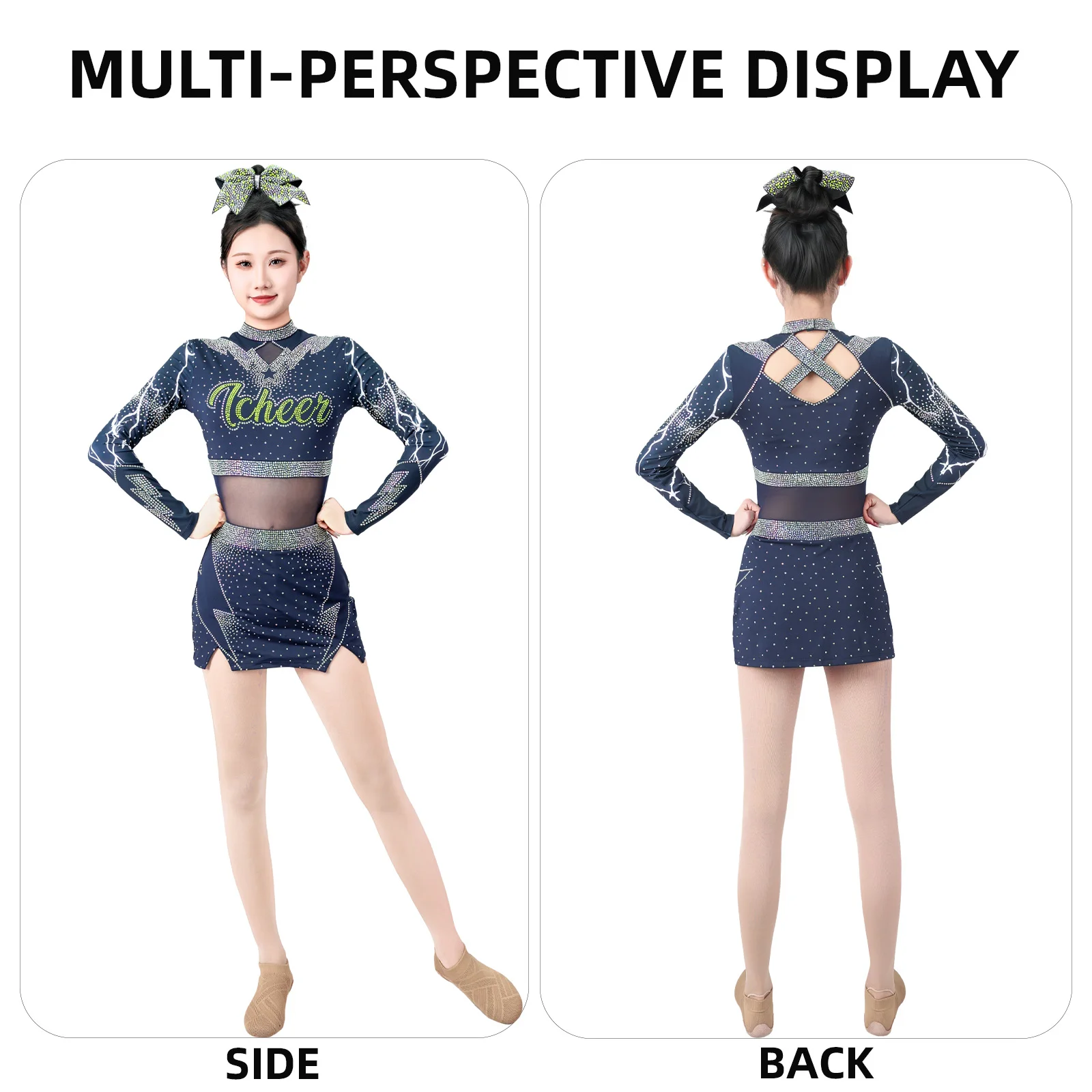 Dziecięce, młodzieżowe, zielono-czarno-niebiesko-błękitne, turkusowe stroje do cheerleadingu All-Star na zawody, z długim rękawem, zestaw.