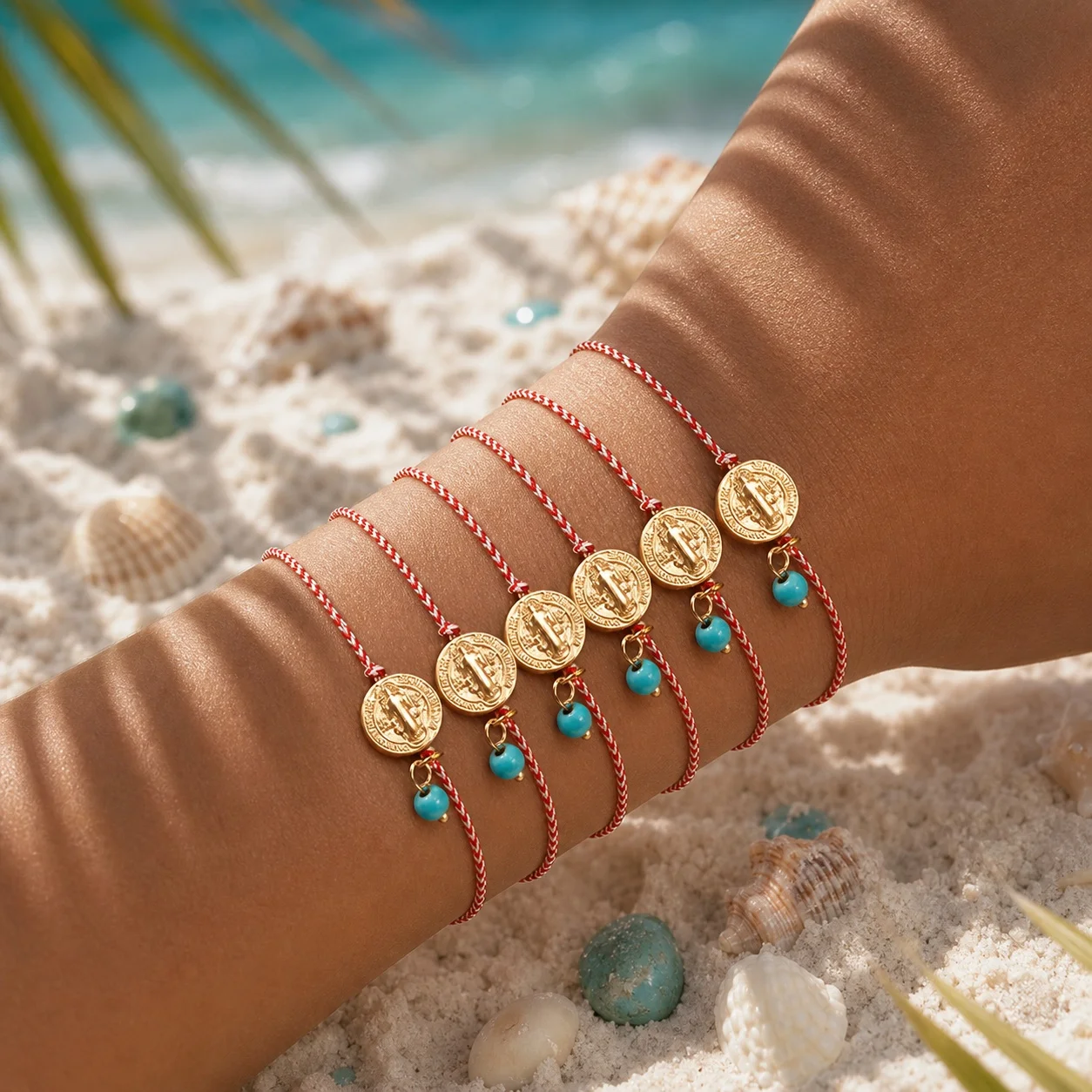 6pcs Bohemian Round Coin Charm Red and White Braided Cord Bracelet with Blue Bead Copper Tie Closure Beach Style