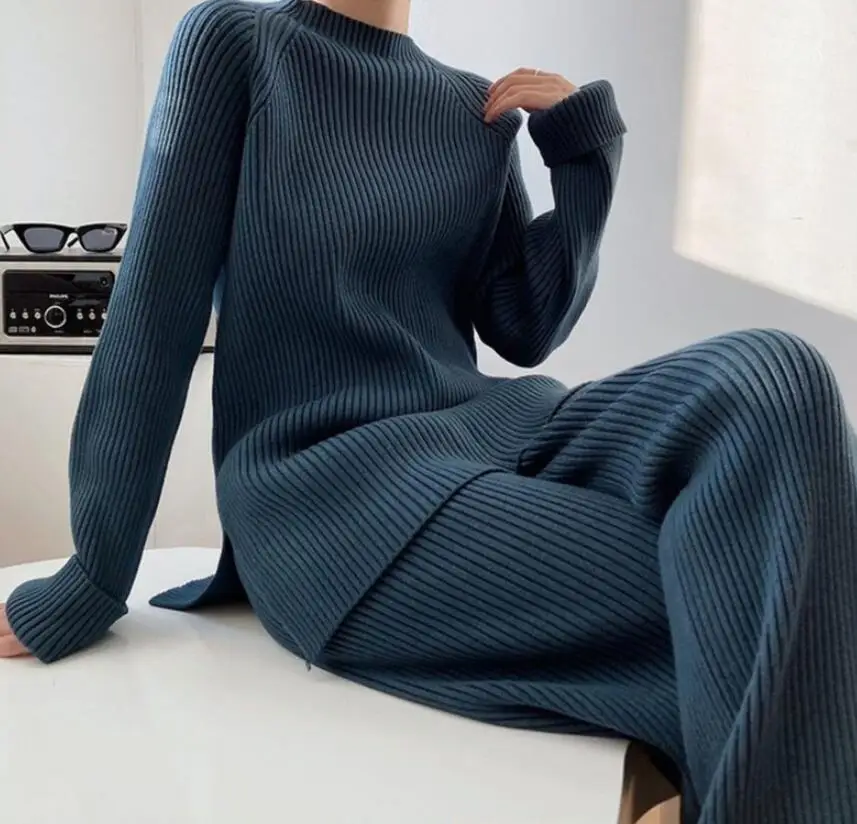 New Autumn/Winter Fashion Long Sleeved Round Neck Knitted Solid Color Slim Fit Shirt + Wide Leg Pants Set For Women,6 Colors