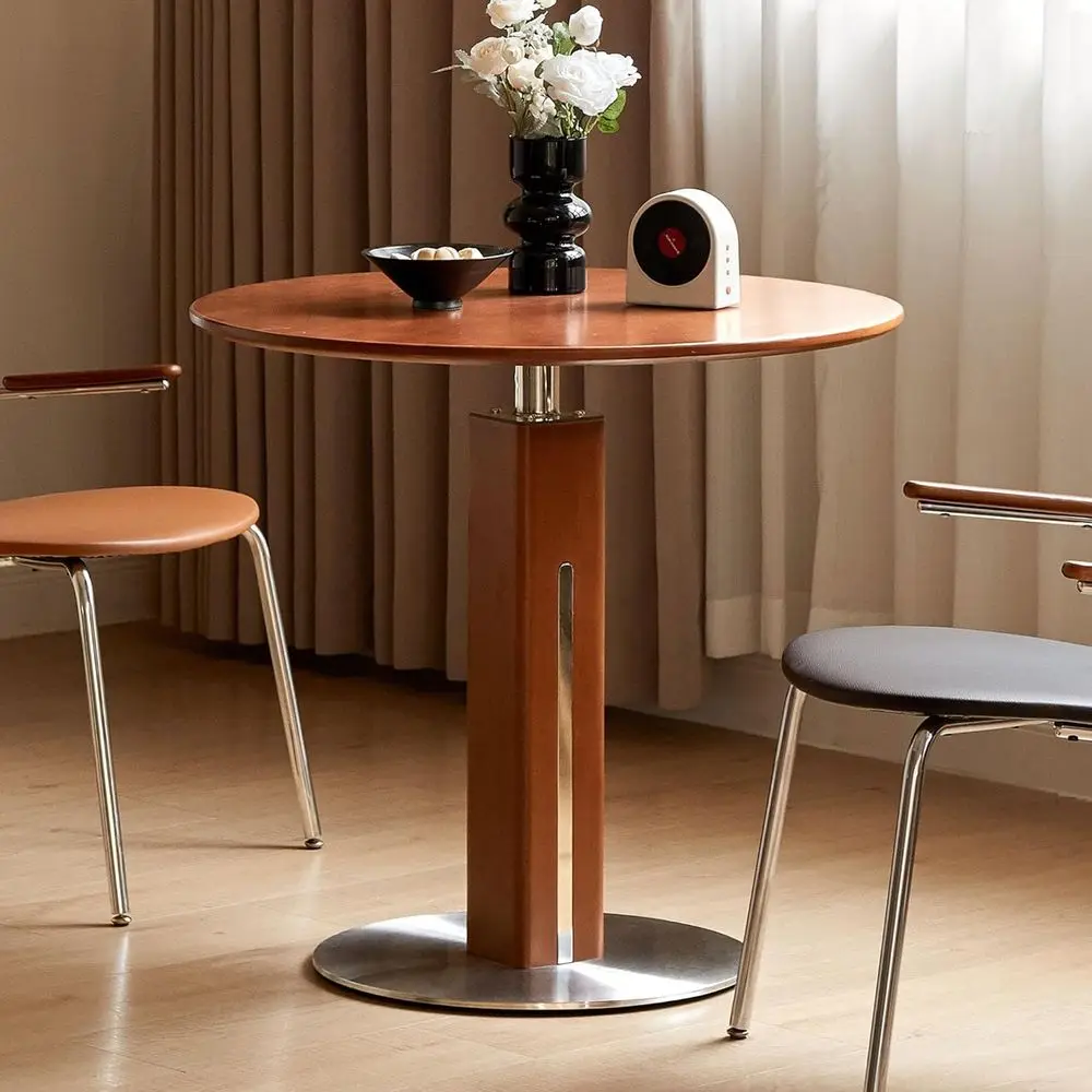 Compact Solid Wood Round Dining Table with Steel Base, Suitable for 2-3 People, Modern Century Style for Dining Room, Living Roo