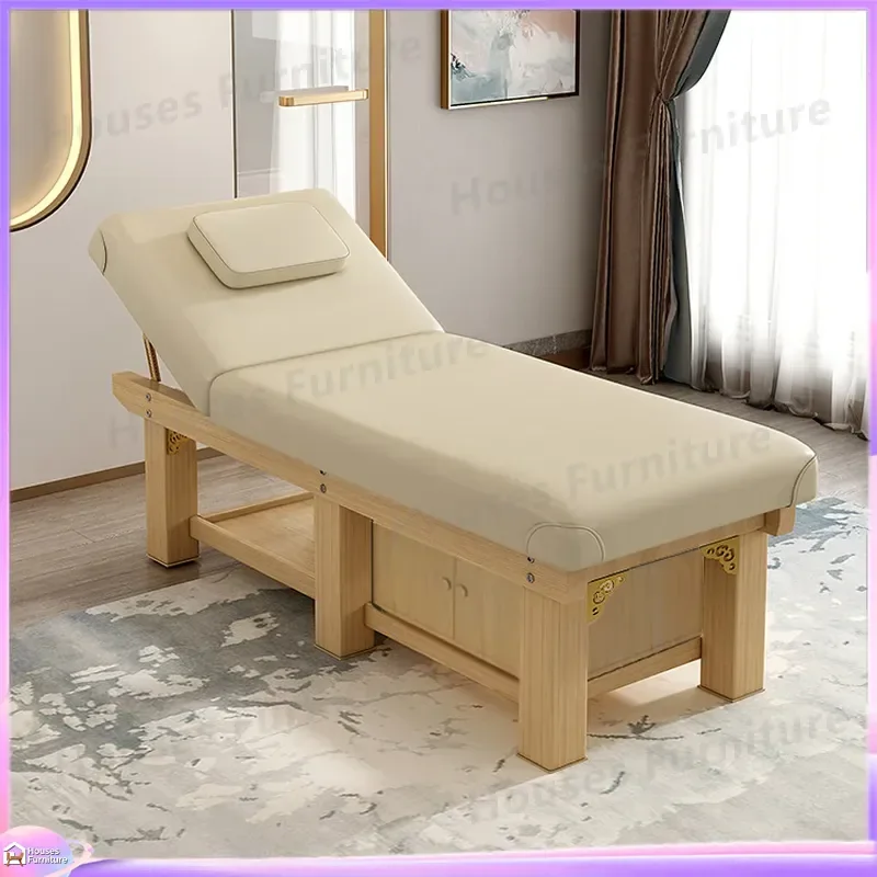 For Beauty Bed Solid Wood Facial Massage Table Adjustable Moxibustion Treatment Bed with Hole for Salon Spa Body