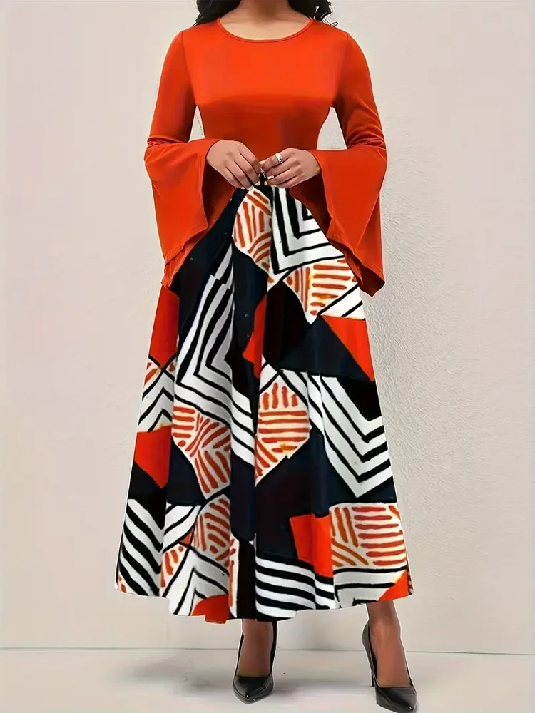 Robe trapèze à manches évasées à imprimé géométrique, robe élégante à col ras du cou et longueur de rinçage, vêtements pour femmes