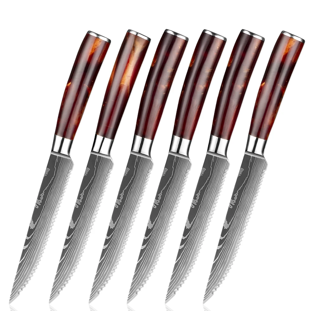 Stainless Steel Steak Knife Set Damascus Pattern Serrated Knife Resin Handle Beef Cleaver Restaurant Cutlery Table Fruit Knife