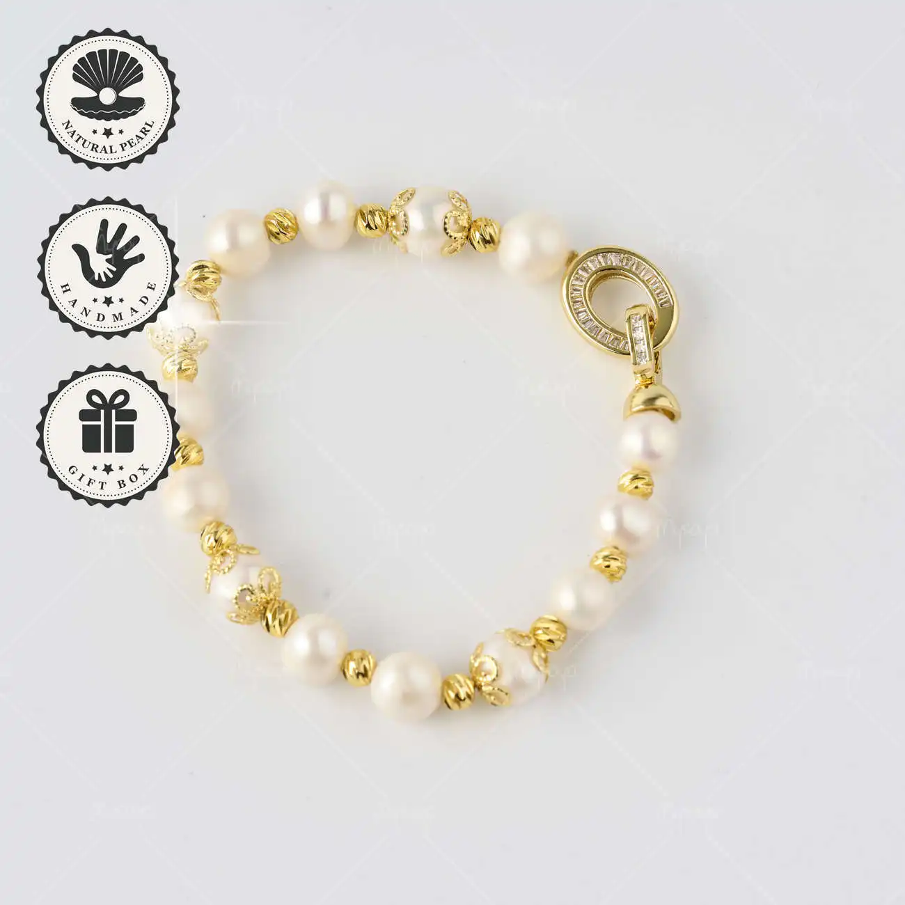 

MYSOYA White Freshwater Pearl Bracelet & Necklace, 10-11mm Pearls with Gold Accents & Oval Clasp, Gift Box, Birthday Gift