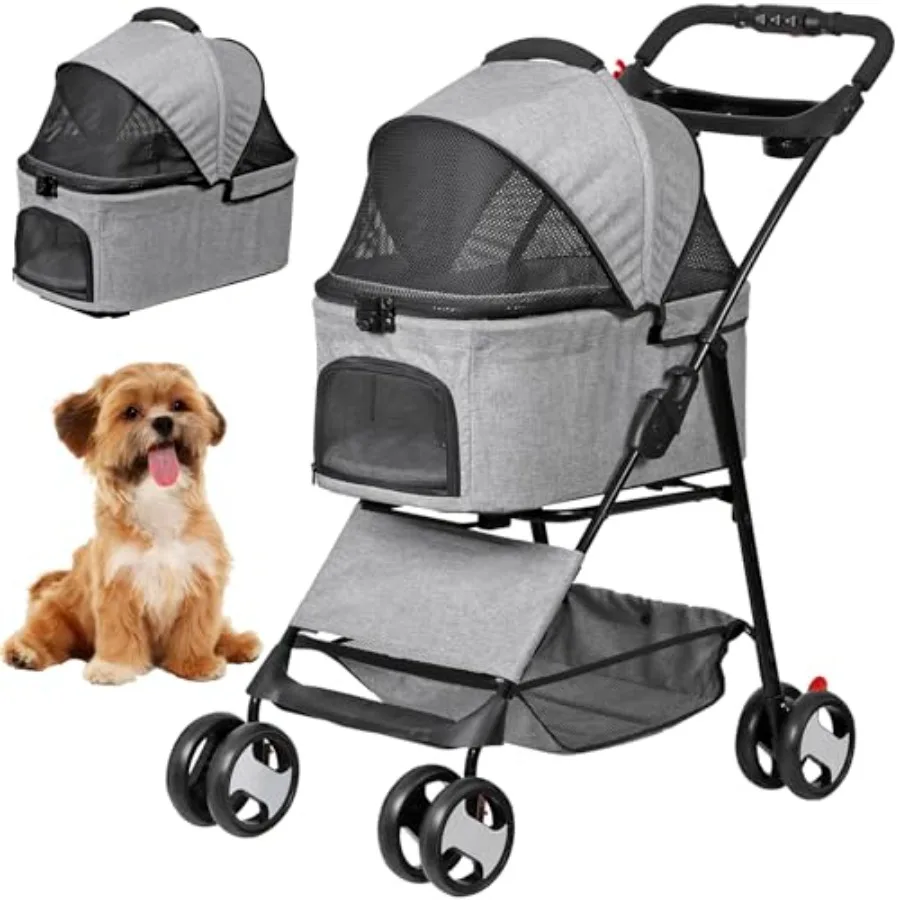 

Pet stroller for small/medium dogs and cats, foldable 3-in-1 jogger with 4 wheels, detachable basket and cup holder, gray trave