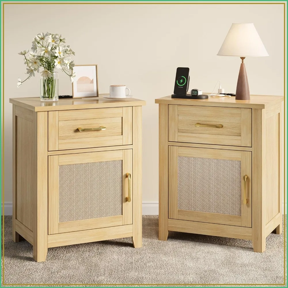 Rattan Nightstand Set of 2 with Charging Station, Drawer and Cabinet