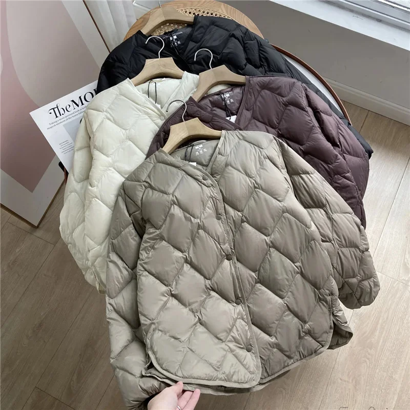 2023 New Autumn Winter Ultra Light Collarless Soft Puffer Jacket Women Casual Loose Single Breasted 90% Duck Down Coat female