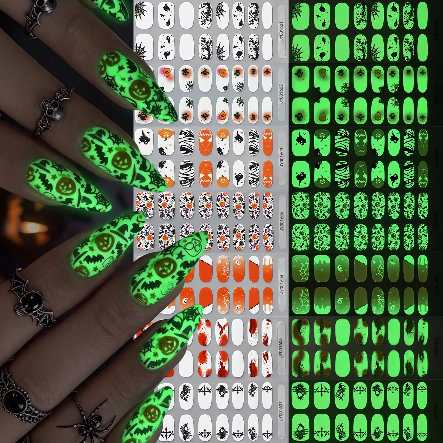 Horror Halloween Luminous Nail Polish Stickers set Pumpkin Mummy Spider Bat Full Cover Nail Wraps Glow In Dark Manicure Decals
