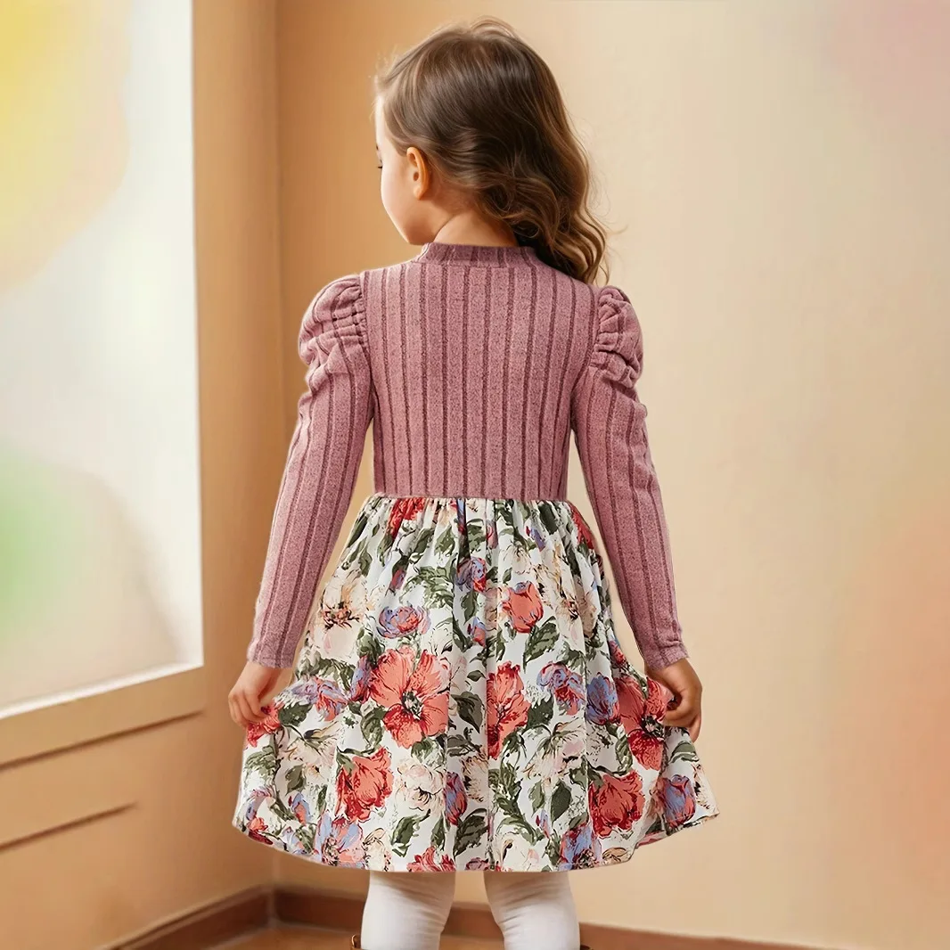 Girl Dress Floral Print Pattern Decoration Long Sleeved Stand Collar Bubble Sleeve Fashionable and Simple Dress