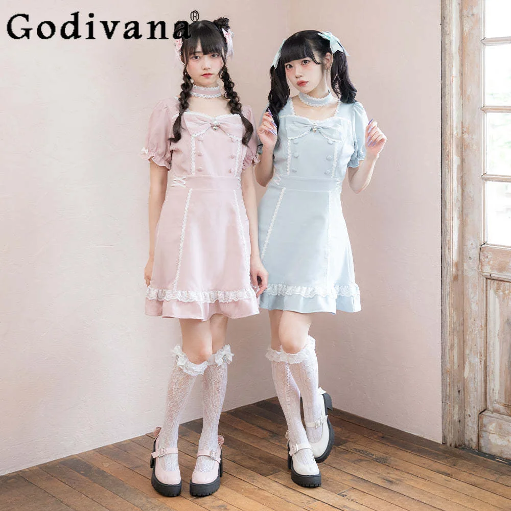 

Japanese Heavy Industry Lolita Elegant Dress Women Lace Stitching Bow Slim Pink Dresses Office Lady A- Line Dress Y2k Neck Brace