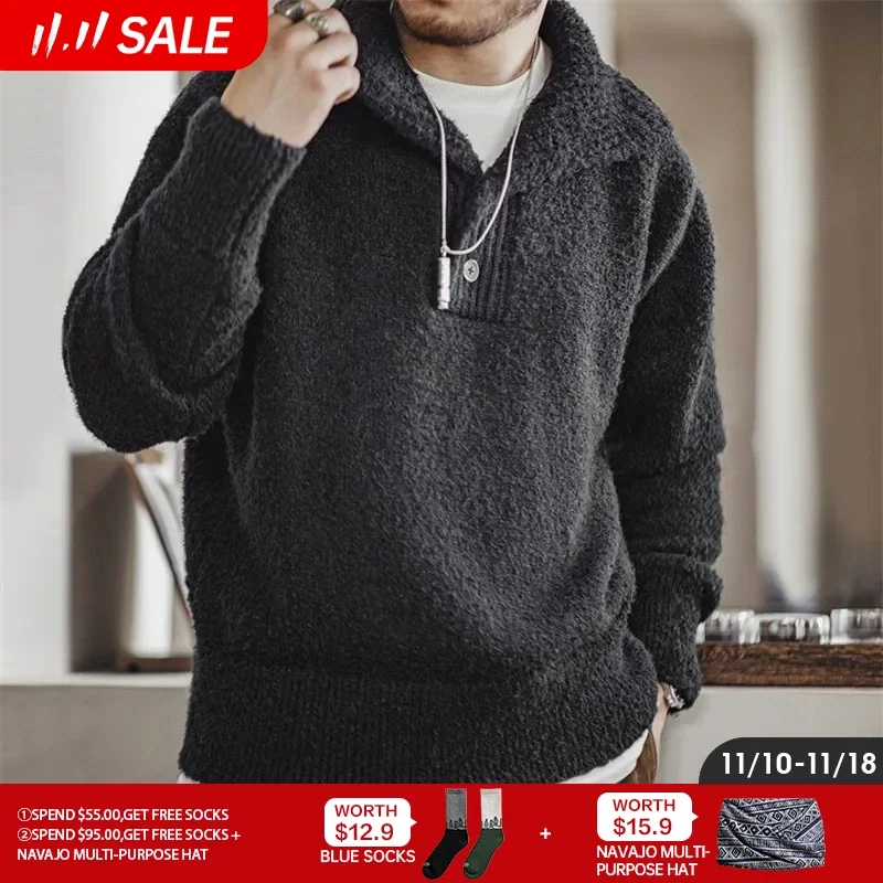 

Maden Retro Polo Sweater Heavy Loop Yarn Men's Black Warm Thick Jumper 2023 Autumn Winter Brand Designer Oversize Pullover