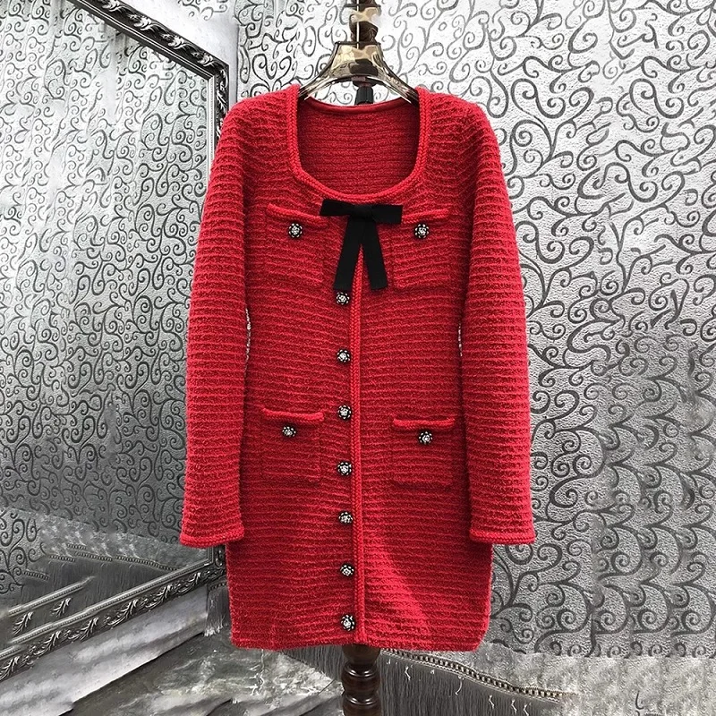 

Top Quality New Knitted Dress 2024 Early Spring Dress Luxurious Women Square Collar Exquisite Button Long Sleeve Red Dress Festa