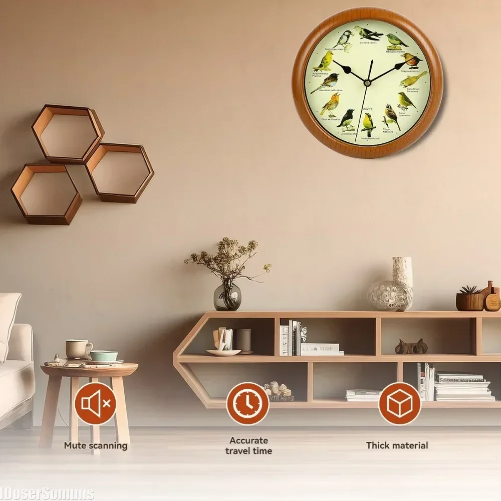 Reloj Musical con diseño de pájaros para colgar en la pared, decoración con sonido, marco verde, melodía para dormitorio y oficina