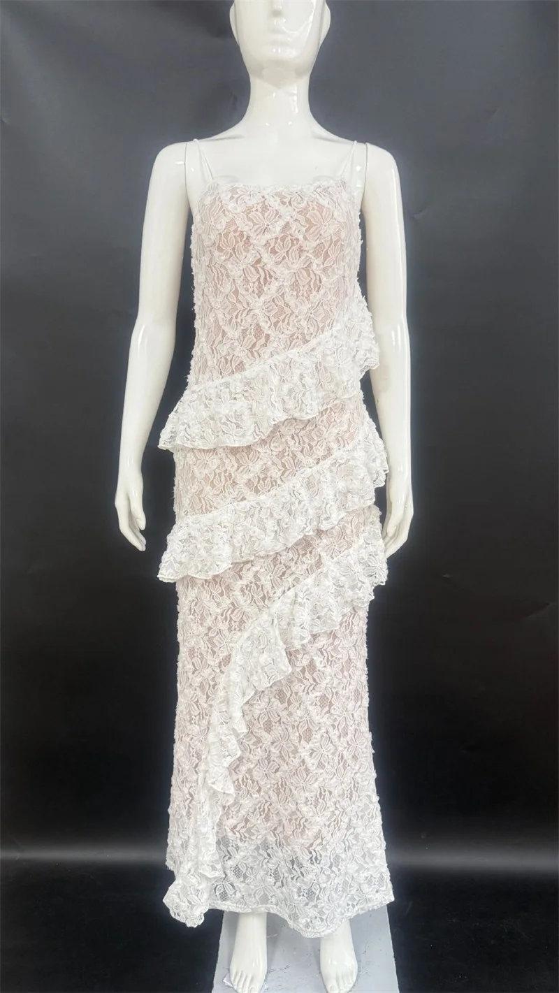 Verão branco renda vestido de baile feminino sexy cinta sem mangas sem costas longo robe casual quente menina praia férias babados vestido de festa