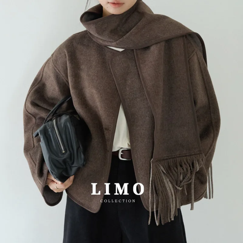 

LIMO 2025 Autumn Winter New Double Face Wool Like Coat Fringe Scarf Set Women's Two Piece Outfit Elegant Office Lady Style