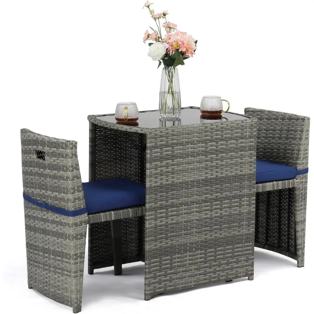 

Grey Outdoor Patio Bistro Set with Glass Top Table and Chairs for Balcony or Small Garden Spaces
