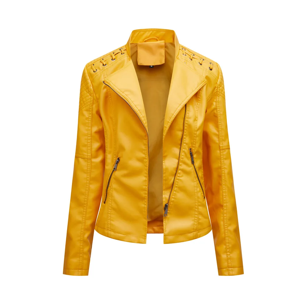 Chaqueta de piel sintética para mujer, abrigo ajustado con cremallera, color azul marino, ropa de Moto, locomotora, primavera y otoño