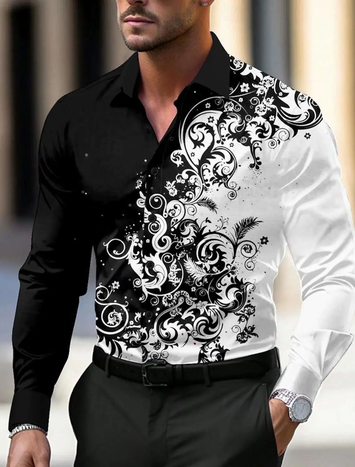 

Fashion floral 3D print business casual men's shirt button up long sleeved shirt autumn/winter lapel button Loose men's clothing